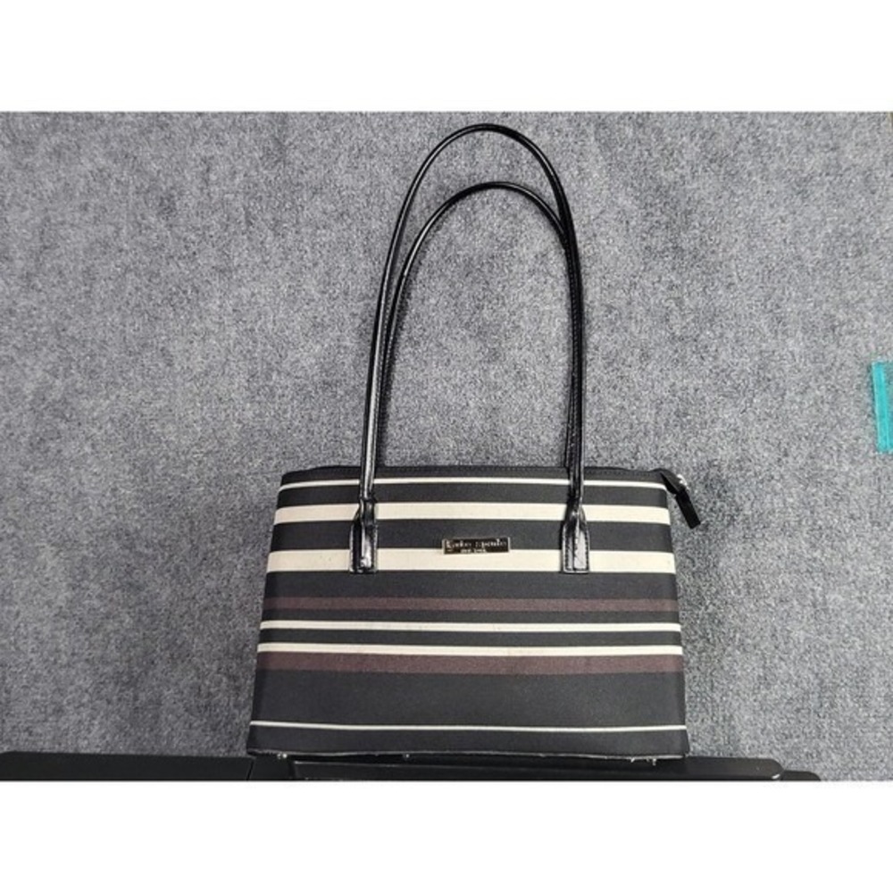 Kate Spade Striped Tote Bag Black White Canvas Shoulder Purse Gingham Lining